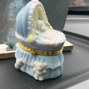 Blue Baby Cradle Figurine with Gold Accents